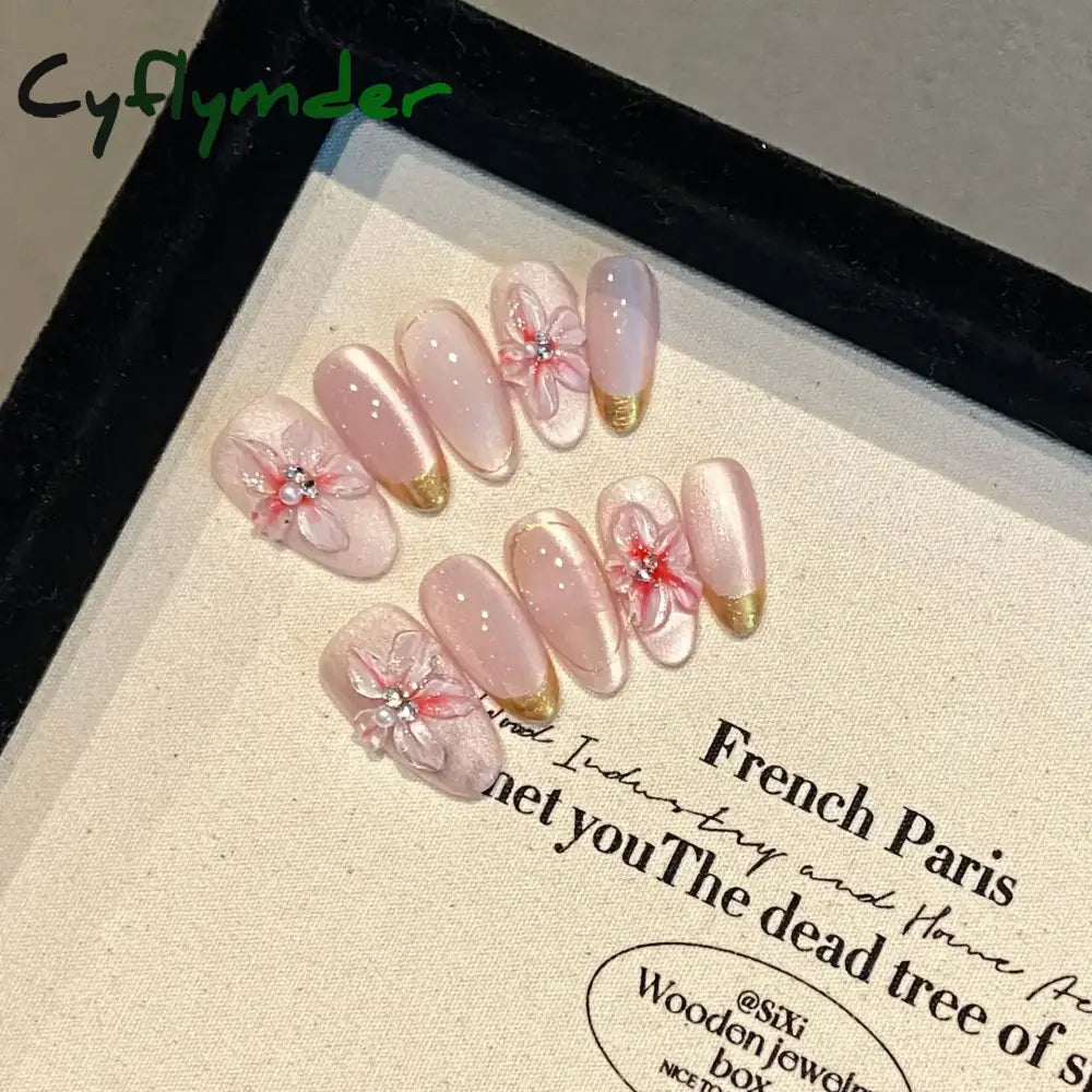 Cyflymder 10pcs Aurora Almond Press On Nails Short French Fake Nails Butterfly 3D Design False Nail Full Cover Wearable Manicure Nail Tips