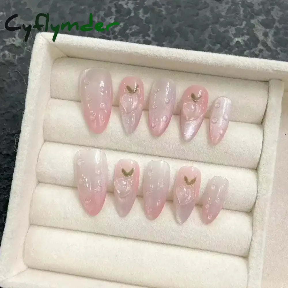 Cyflymder 10pcs Aurora Almond Press On Nails Short French Fake Nails Butterfly 3D Design False Nail Full Cover Wearable Manicure Nail Tips