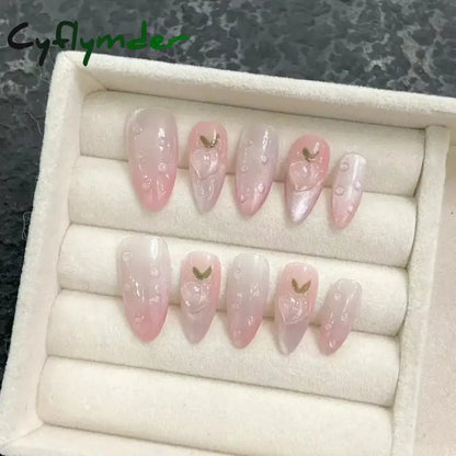 Cyflymder 10pcs Aurora Almond Press On Nails Short French Fake Nails Butterfly 3D Design False Nail Full Cover Wearable Manicure Nail Tips