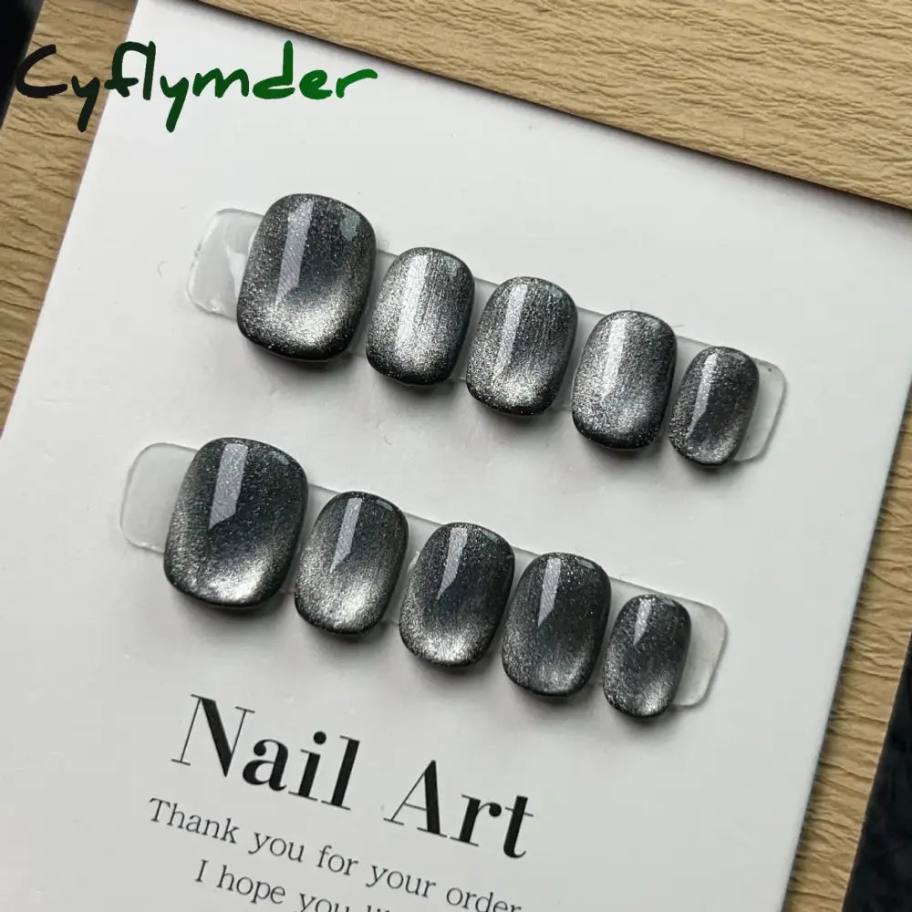 Cyflymder 10Pcs Aurora Cat Eye Handmade Press On Nails Short Square Head False Nails Wearable Simple Pure Manicure Full Over Nail Art Tips