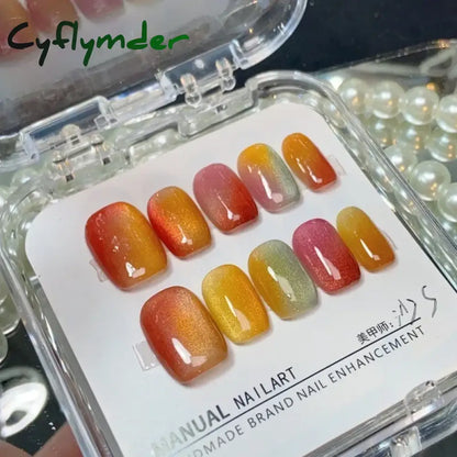 Cyflymder 10Pcs Aurora Cat Eye Handmade Press On Nails Short Square Head False Nails Wearable Simple Pure Manicure Full Over Nail Art Tips