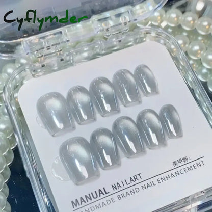 Cyflymder 10Pcs Aurora Cat Eye Handmade Press On Nails Short Square Head False Nails Wearable Simple Pure Manicure Full Over Nail Art Tips