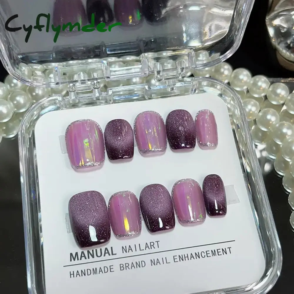 Cyflymder 10Pcs Aurora Cat Eye Handmade Press On Nails Short Square Head False Nails Wearable Simple Pure Manicure Full Over Nail Art Tips