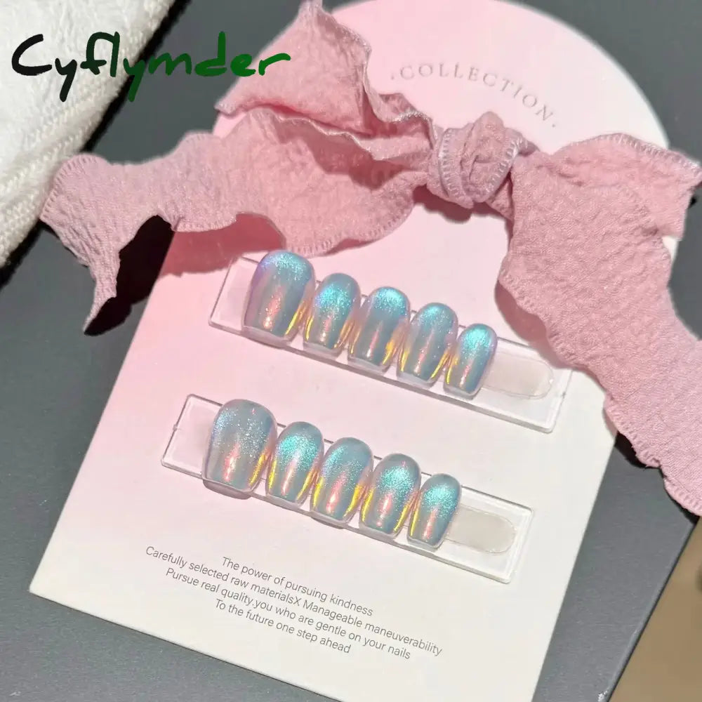 Cyflymder 10Pcs Aurora Cat Eye Handmade Press On Nails Short Square Head False Nails Wearable Simple Pure Manicure Full Over Nail Art Tips