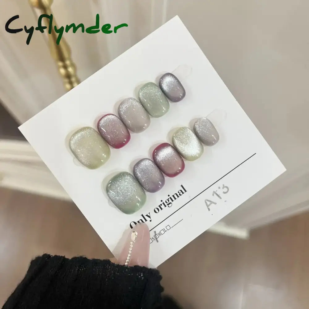 Cyflymder 10Pcs Aurora Cat Eye Handmade Press On Nails Short Square Head False Nails Wearable Simple Pure Manicure Full Over Nail Art Tips