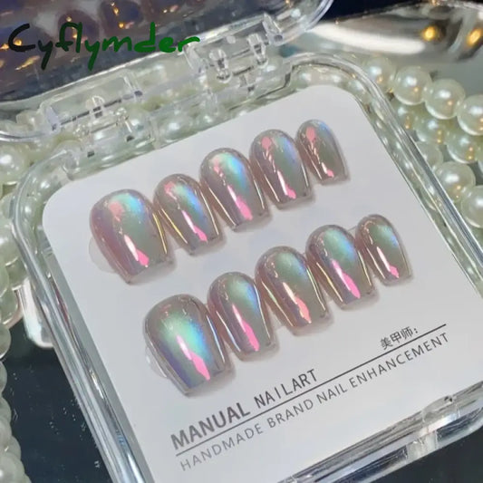 Cyflymder 10Pcs Aurora Cat Eye Handmade Press On Nails Short Square Head False Nails Wearable Simple Pure Manicure Full Over Nail Art Tips
