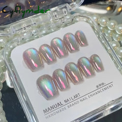 Cyflymder 10Pcs Aurora Cat Eye Handmade Press On Nails Short Square Head False Nails Wearable Simple Pure Manicure Full Over Nail Art Tips