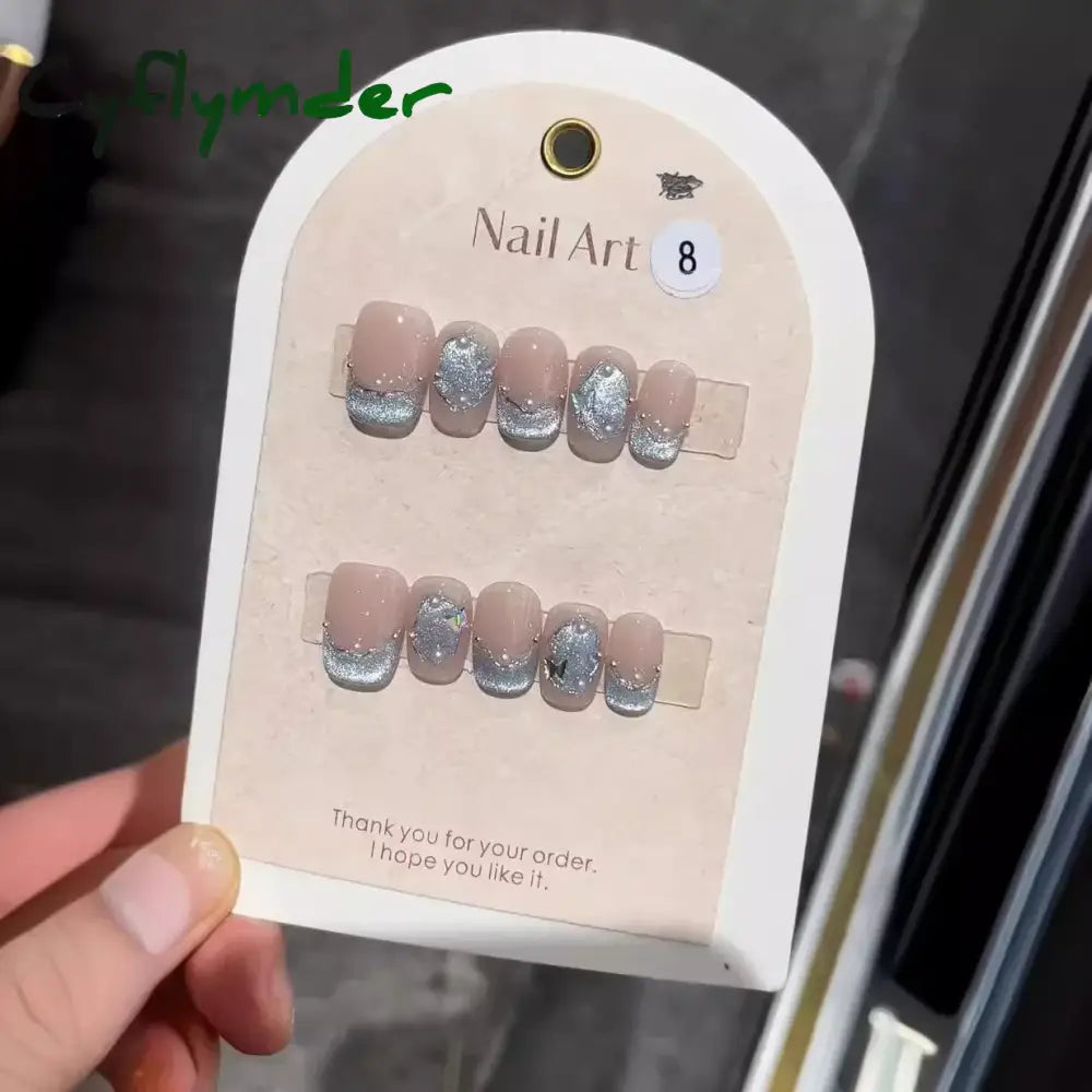 Cyflymder 10Pcs Aurora Cat Eye Handmade Press On Nails Short Square Head False Nails Wearable Simple Pure Manicure Full Over Nail Art Tips
