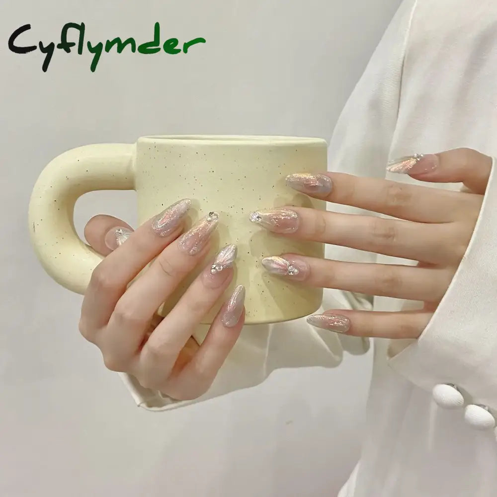 Cyflymder 10Pcs Aurora Handmade False Nails with Jelly Glue Long Almond Fake Nail Art Shell Design Press on Nails Full Cover Manicure Tips