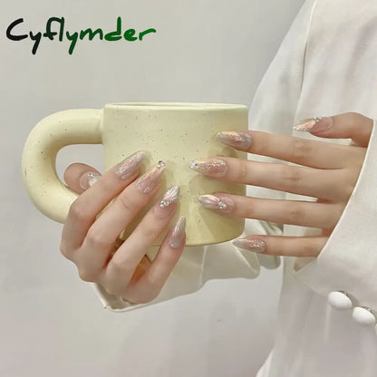 Cyflymder 10Pcs Aurora Handmade False Nails with Jelly Glue Long Almond Fake Nail Art Shell Design Press on Nails Full Cover Manicure Tips