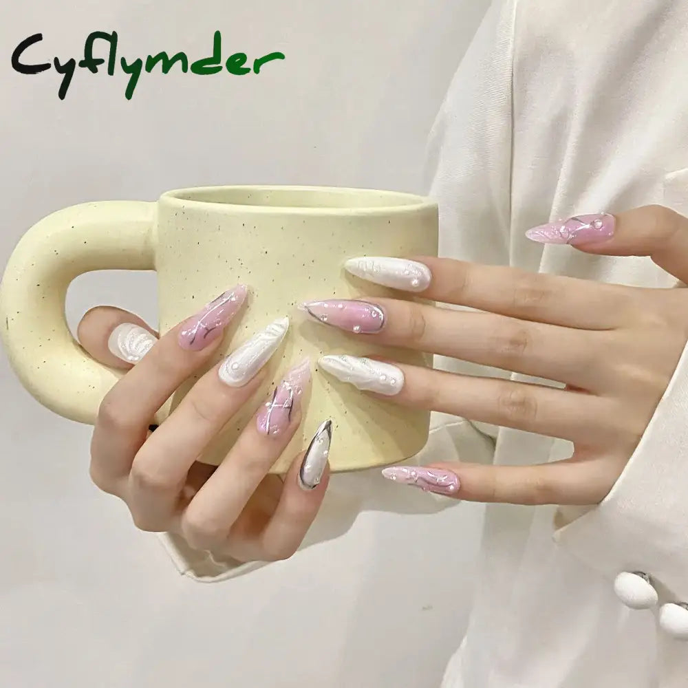Cyflymder 10Pcs Aurora Handmade False Nails with Jelly Glue Long Almond Fake Nail Art Shell Design Press on Nails Full Cover Manicure Tips