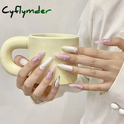 Cyflymder 10Pcs Aurora Handmade False Nails with Jelly Glue Long Almond Fake Nail Art Shell Design Press on Nails Full Cover Manicure Tips