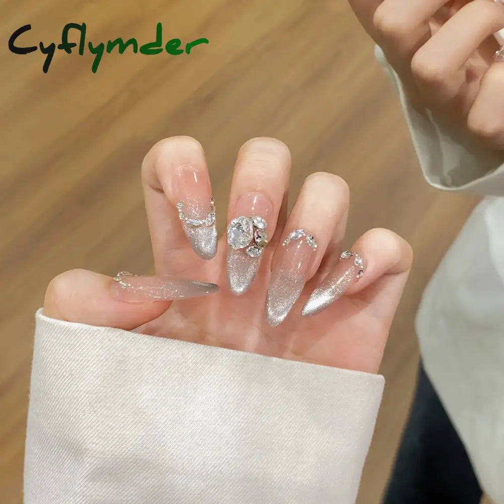 Cyflymder 10Pcs Aurora Handmade False Nails with Jelly Glue Long Almond Fake Nail Art Shell Design Press on Nails Full Cover Manicure Tips