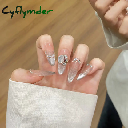Cyflymder 10Pcs Aurora Handmade False Nails with Jelly Glue Long Almond Fake Nail Art Shell Design Press on Nails Full Cover Manicure Tips