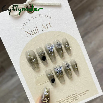 Cyflymder 10Pcs Aurora Handmade False Nails with Jelly Glue Long Almond Fake Nail Art Shell Design Press on Nails Full Cover Manicure Tips