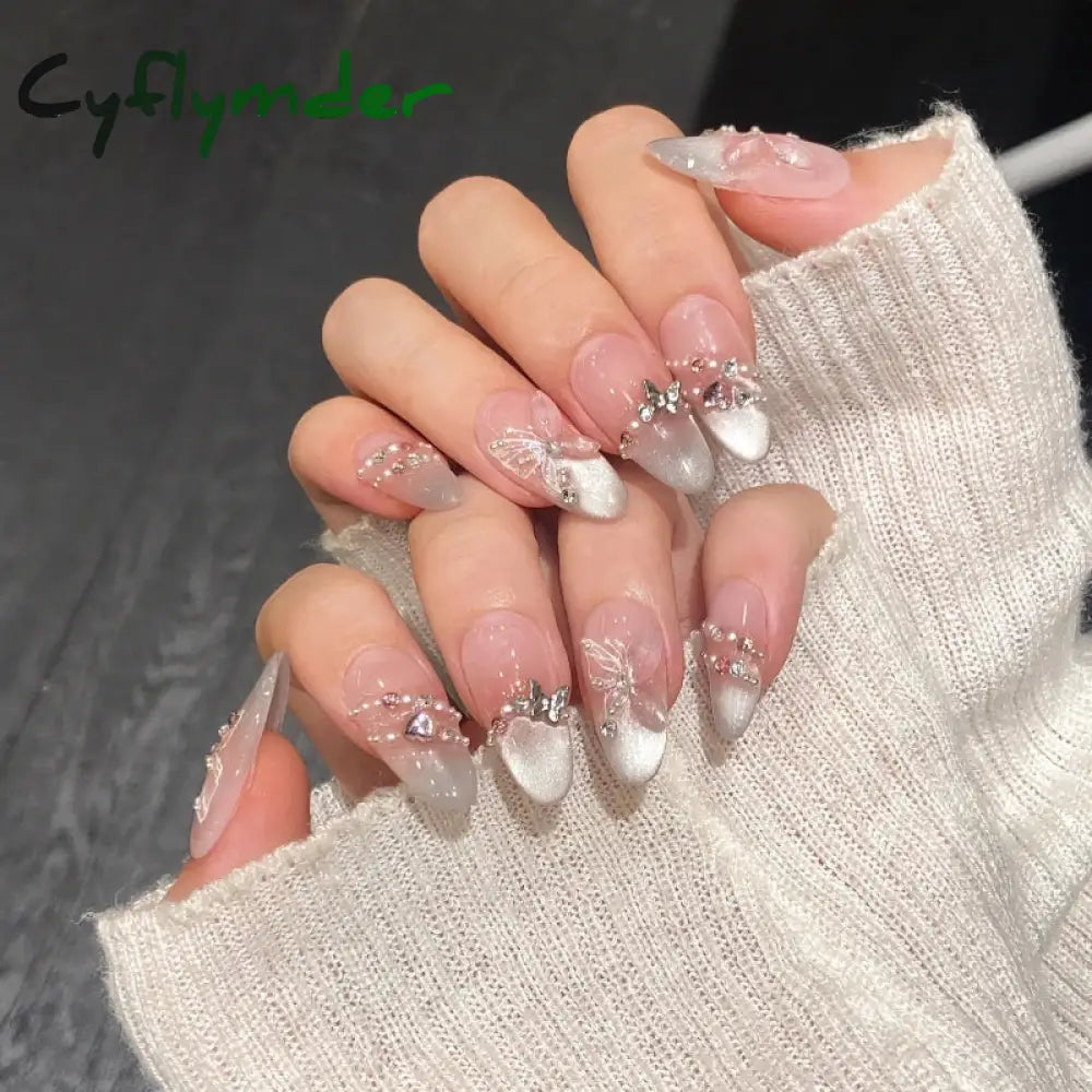 Cyflymder 10Pcs Aurora Handmade False Nails with Jelly Glue Long Almond Fake Nail Art Shell Design Press on Nails Full Cover Manicure Tips