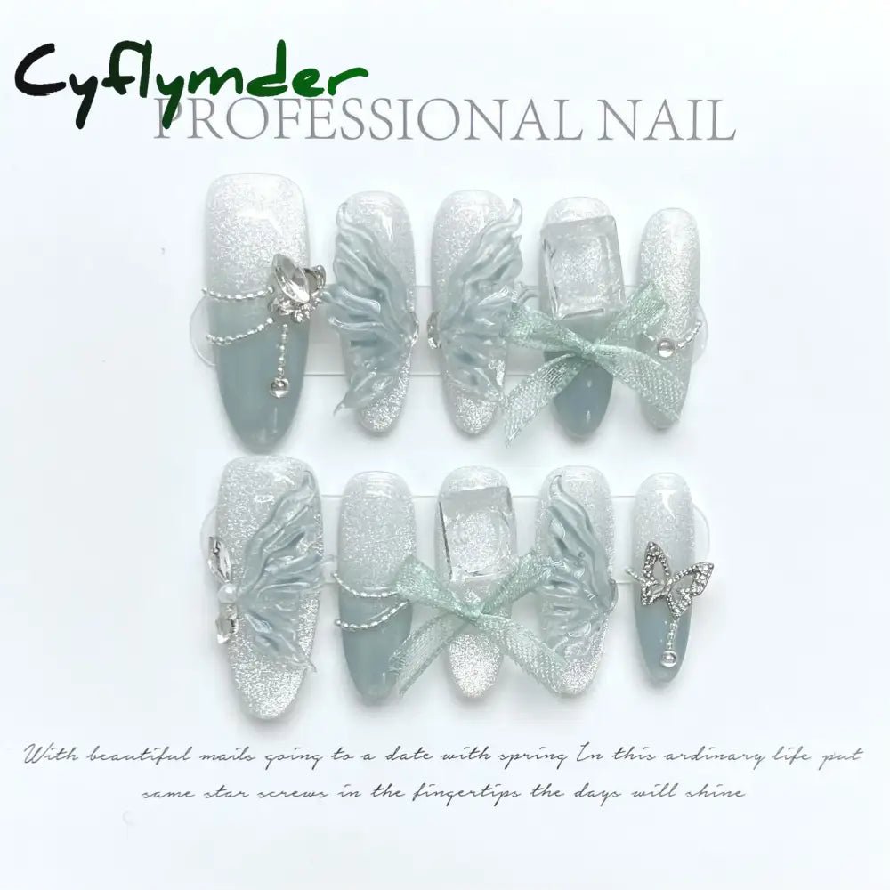 Cyflymder 10Pcs Aurora Handmade False Nails with Jelly Glue Long Almond Fake Nail Art Shell Design Press on Nails Full Cover Manicure Tips