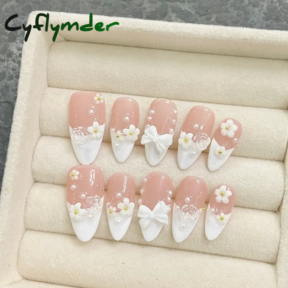Cyflymder 10Pcs Aurora Handmade False Nails with Jelly Glue Long Almond Fake Nail Art Shell Design Press on Nails Full Cover Manicure Tips