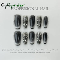 Cyflymder 10Pcs Light Luxury Handmade Press On Nails French coffin Cat Eye Fake Nails with Diamond Full Cover Wearable Artificial Nail Tip