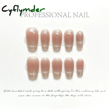 Cyflymder 10Pcs Light Luxury Handmade Press On Nails French coffin Cat Eye Fake Nails with Diamond Full Cover Wearable Artificial Nail Tip