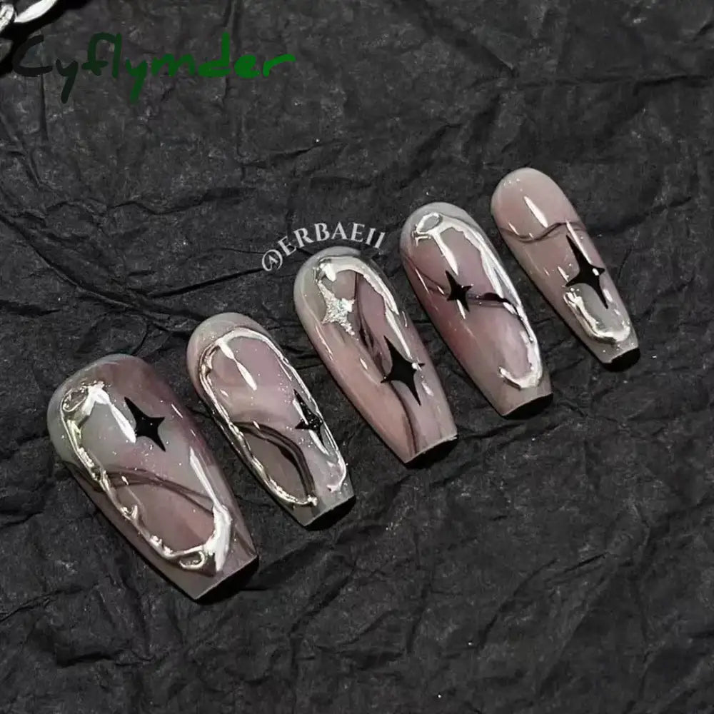 Cyflymder 10Pcs Light Luxury Handmade Press On Nails French coffin Cat Eye Fake Nails with Diamond Full Cover Wearable Artificial Nail Tip
