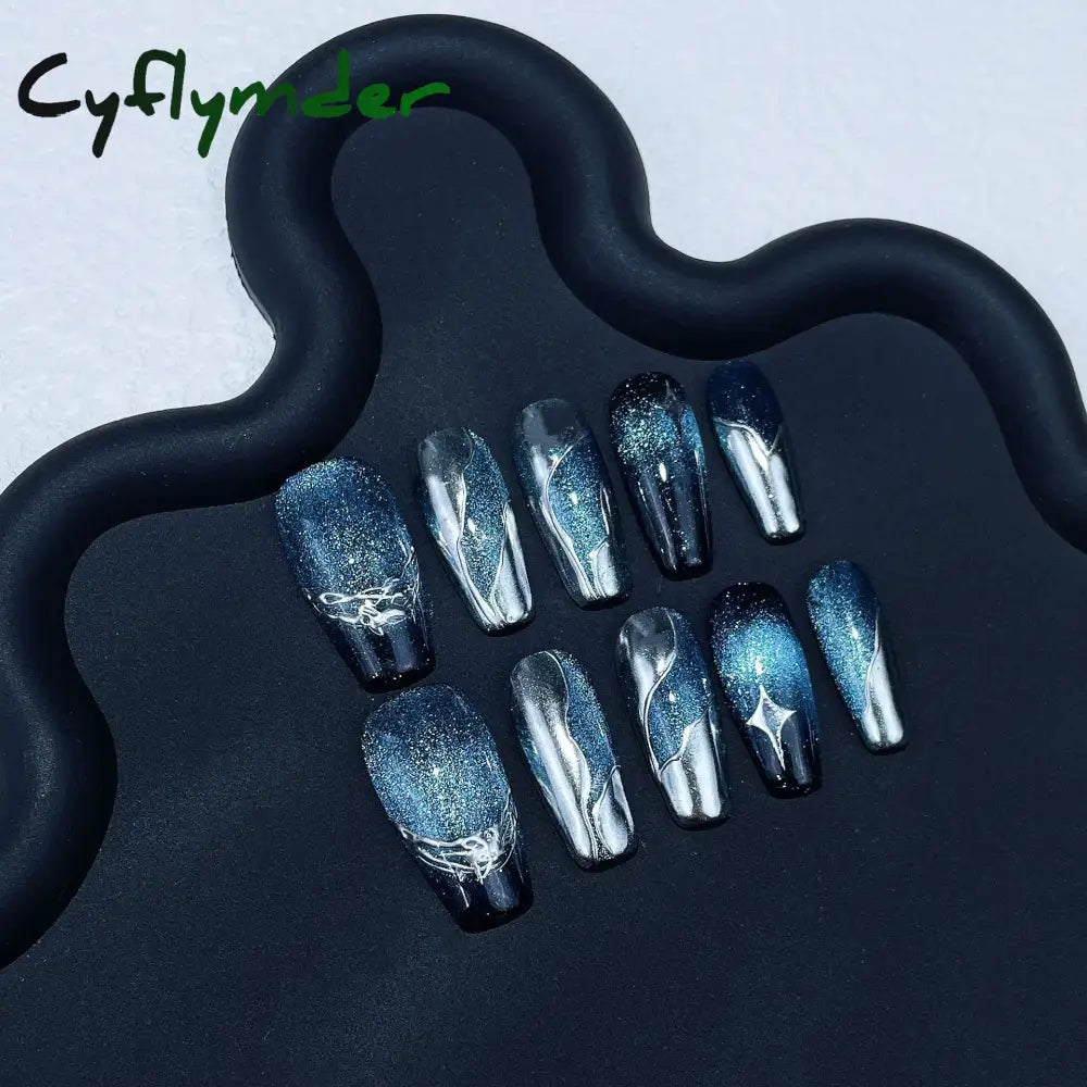 Cyflymder 10Pcs Light Luxury Handmade Press On Nails French coffin Cat Eye Fake Nails with Diamond Full Cover Wearable Artificial Nail Tip