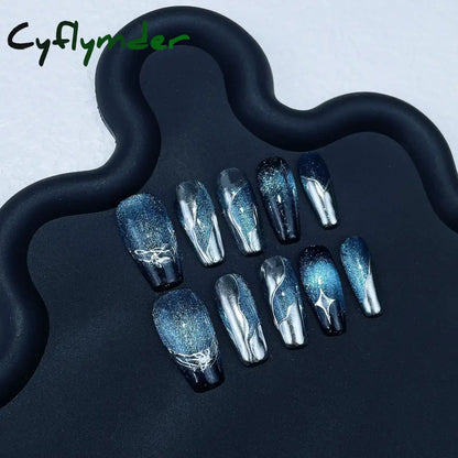 Cyflymder 10Pcs Light Luxury Handmade Press On Nails French coffin Cat Eye Fake Nails with Diamond Full Cover Wearable Artificial Nail Tip