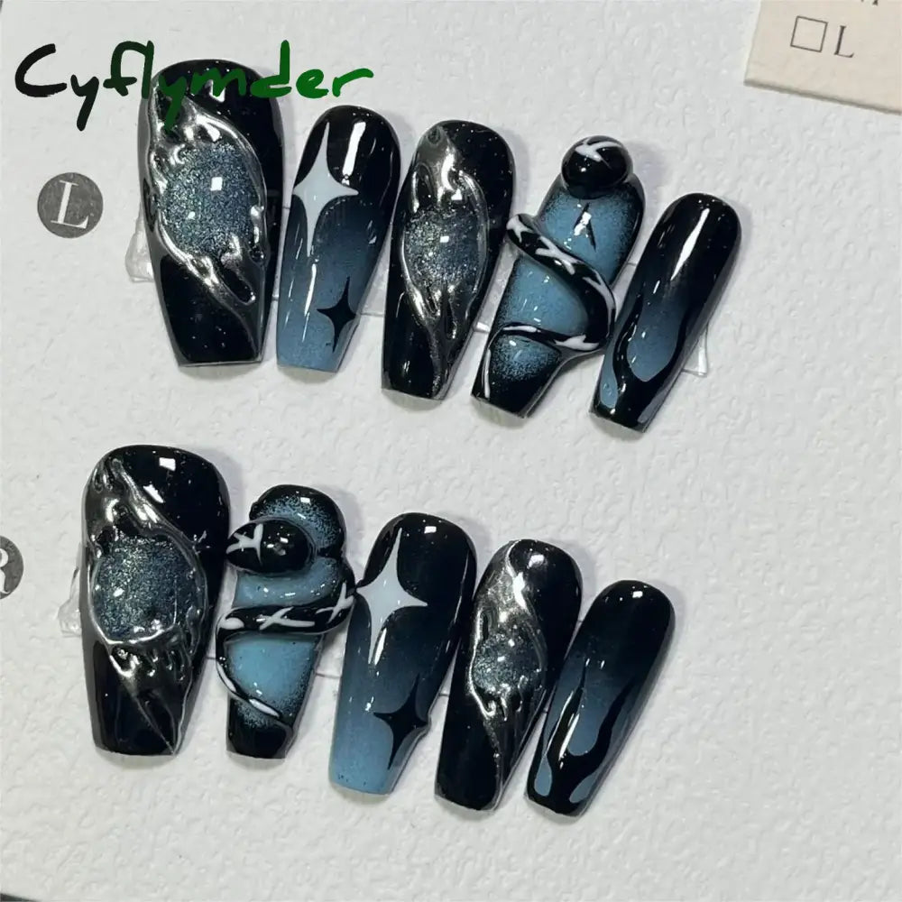 Cyflymder 10Pcs Light Luxury Handmade Press On Nails French coffin Cat Eye Fake Nails with Diamond Full Cover Wearable Artificial Nail Tip