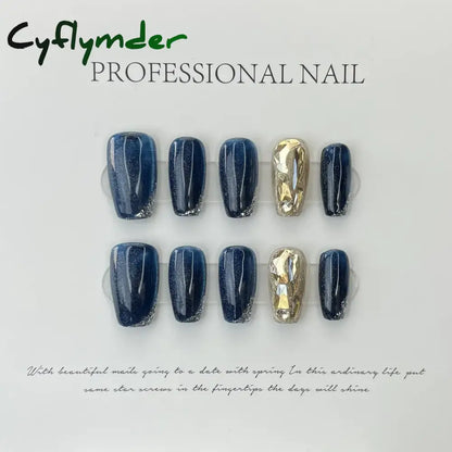 Cyflymder 10Pcs Light Luxury Handmade Press On Nails French coffin Cat Eye Fake Nails with Diamond Full Cover Wearable Artificial Nail Tip