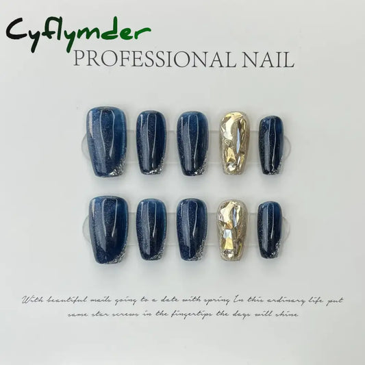 Cyflymder 10Pcs Light Luxury Handmade Press On Nails French coffin Cat Eye Fake Nails with Diamond Full Cover Wearable Artificial Nail Tip