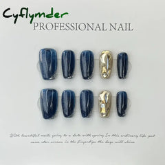 Cyflymder 10Pcs Light Luxury Handmade Press On Nails French coffin Cat Eye Fake Nails with Diamond Full Cover Wearable Artificial Nail Tip