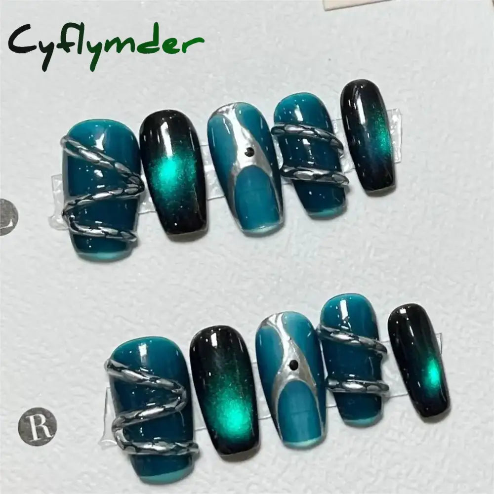 Cyflymder 10Pcs Light Luxury Handmade Press On Nails French coffin Cat Eye Fake Nails with Diamond Full Cover Wearable Artificial Nail Tip