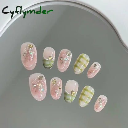 Cyflymder 10Pcs Short Handmade Pink Press on Nails Spring French Rhinestone Full Cover Fake Nail Plaid Manicure Wearable Nail Tips Art