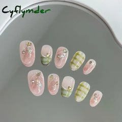 Cyflymder 10Pcs Short Handmade Pink Press on Nails Spring French Rhinestone Full Cover Fake Nail Plaid Manicure Wearable Nail Tips Art