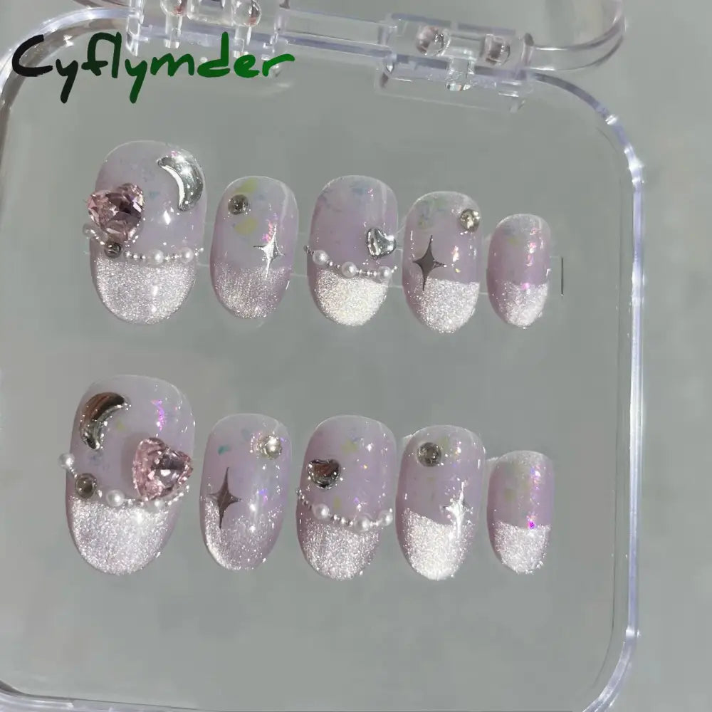 Cyflymder 10Pcs Short Handmade Pink Press on Nails Spring French Rhinestone Full Cover Fake Nail Plaid Manicure Wearable Nail Tips Art