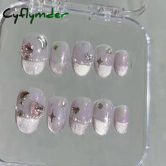 Cyflymder 10Pcs Short Handmade Pink Press on Nails Spring French Rhinestone Full Cover Fake Nail Plaid Manicure Wearable Nail Tips Art
