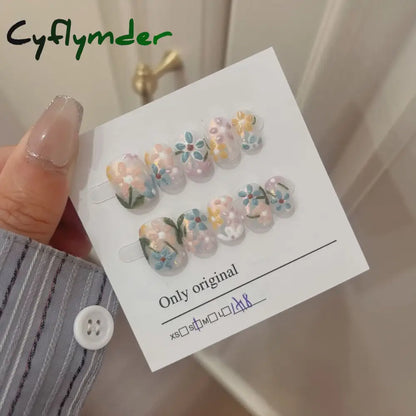 Cyflymder 10Pcs Short Handmade Pink Press on Nails Spring French Rhinestone Full Cover Fake Nail Plaid Manicure Wearable Nail Tips Art