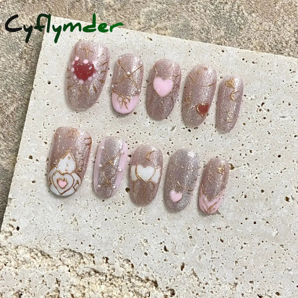 Cyflymder 10Pcs Short Handmade Pink Press on Nails Spring French Rhinestone Full Cover Fake Nail Plaid Manicure Wearable Nail Tips Art