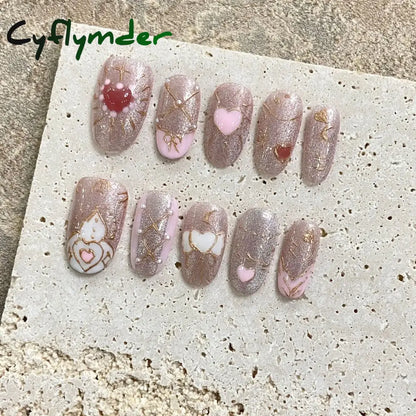 Cyflymder 10Pcs Short Handmade Pink Press on Nails Spring French Rhinestone Full Cover Fake Nail Plaid Manicure Wearable Nail Tips Art