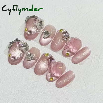 Cyflymder 10Pcs Short Handmade Pink Press on Nails Spring French Rhinestone Full Cover Fake Nail Plaid Manicure Wearable Nail Tips Art