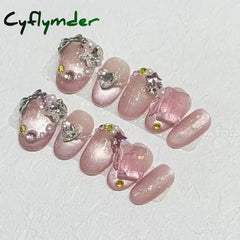 Cyflymder 10Pcs Short Handmade Pink Press on Nails Spring French Rhinestone Full Cover Fake Nail Plaid Manicure Wearable Nail Tips Art