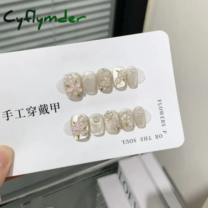 Cyflymder 10Pcs Short Handmade Pink Press on Nails Spring French Rhinestone Full Cover Fake Nail Plaid Manicure Wearable Nail Tips Art