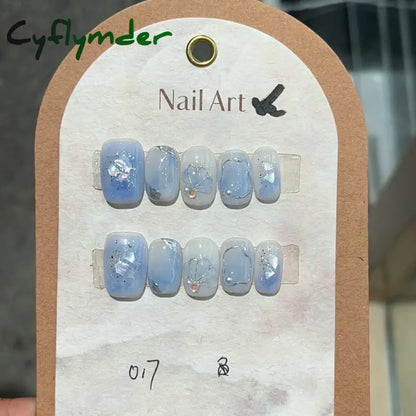 Cyflymder 10Pcs Short Handmade Pink Press on Nails Spring French Rhinestone Full Cover Fake Nail Plaid Manicure Wearable Nail Tips Art
