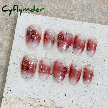 Cyflymder 10Pcs Short Handmade Pink Press on Nails Spring French Rhinestone Full Cover Fake Nail Plaid Manicure Wearable Nail Tips Art