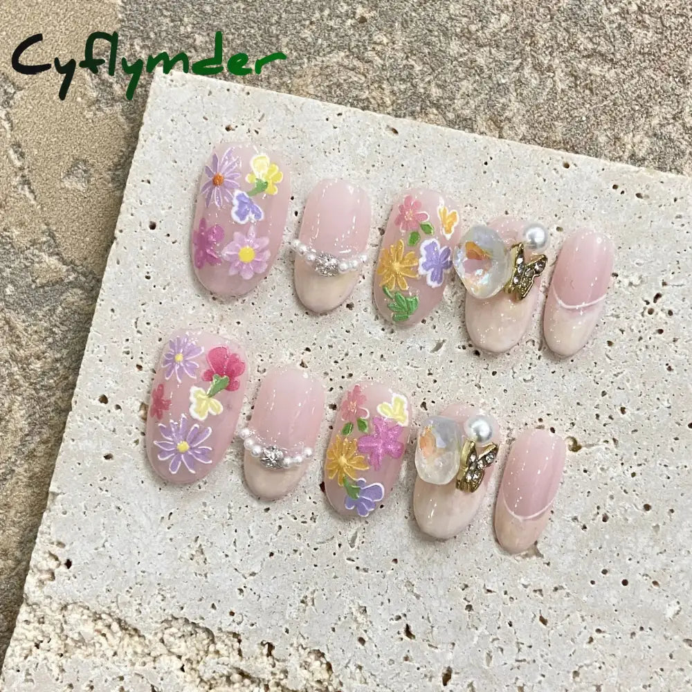 Cyflymder 10Pcs Short Handmade Pink Press on Nails Spring French Rhinestone Full Cover Fake Nail Plaid Manicure Wearable Nail Tips Art