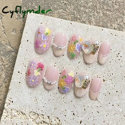 Cyflymder 10Pcs Short Handmade Pink Press on Nails Spring French Rhinestone Full Cover Fake Nail Plaid Manicure Wearable Nail Tips Art