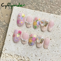 Cyflymder 10Pcs Short Handmade Pink Press on Nails Spring French Rhinestone Full Cover Fake Nail Plaid Manicure Wearable Nail Tips Art