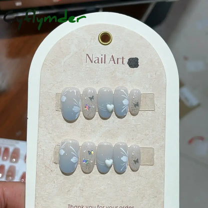 Cyflymder 10Pcs Short Handmade Pink Press on Nails Spring French Rhinestone Full Cover Fake Nail Plaid Manicure Wearable Nail Tips Art