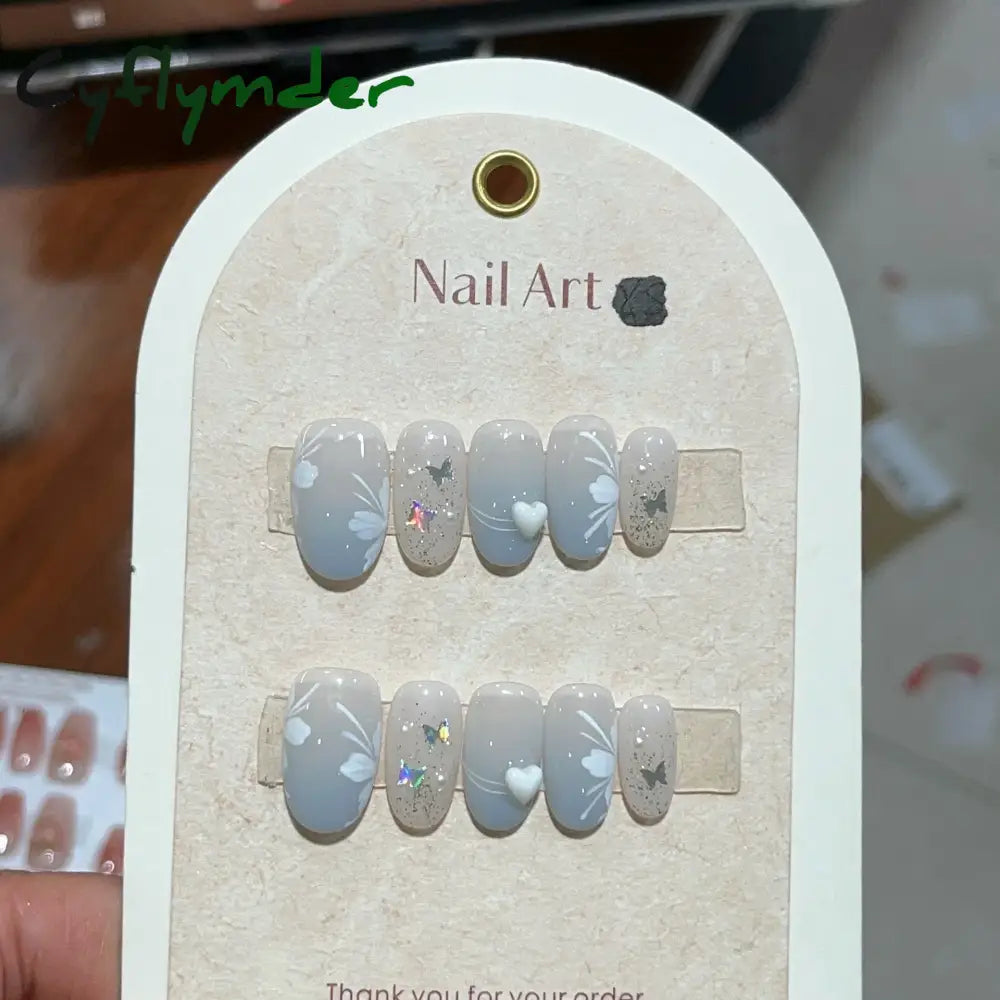 Cyflymder 10Pcs Short Handmade Pink Press on Nails Spring French Rhinestone Full Cover Fake Nail Plaid Manicure Wearable Nail Tips Art