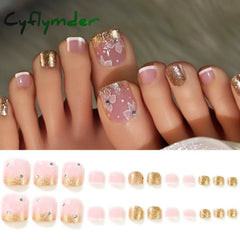 Cyflymder 24/100/120Pcs Press On Toe Nails for Women French Tip Fake Toenail with Gold Glitter Rhinestone Design Full Cover False Toenails